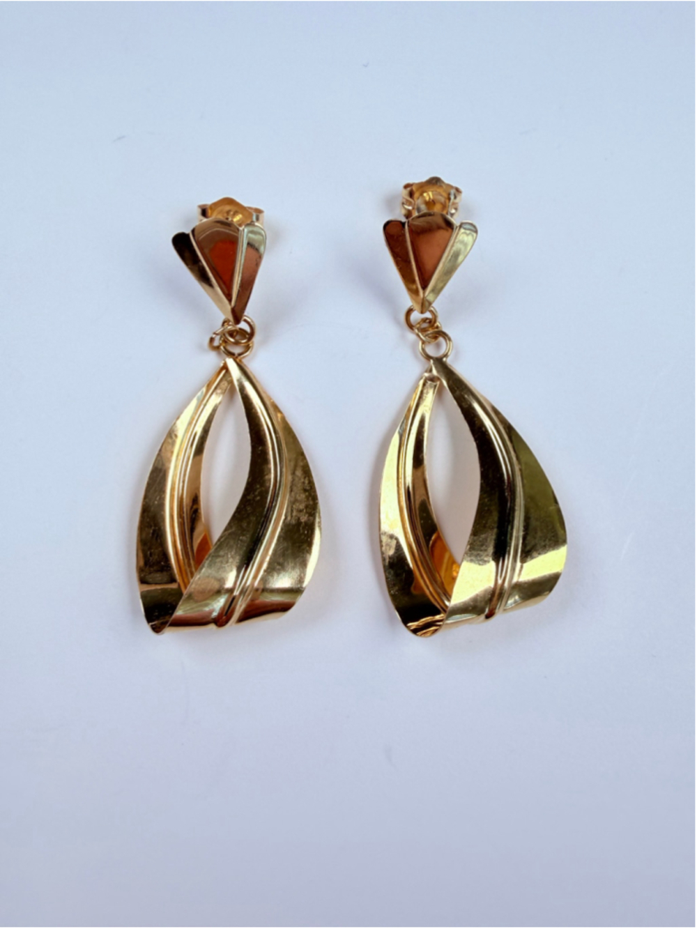 14K Solid Yellow Gold Curve Loop Spindle Shape Dangle Fan Stud 1.4" Earrings